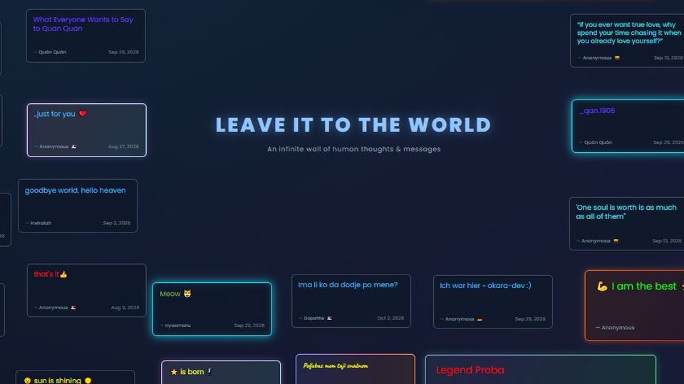 The Leave It To The World wall: dozens of message cards around the title