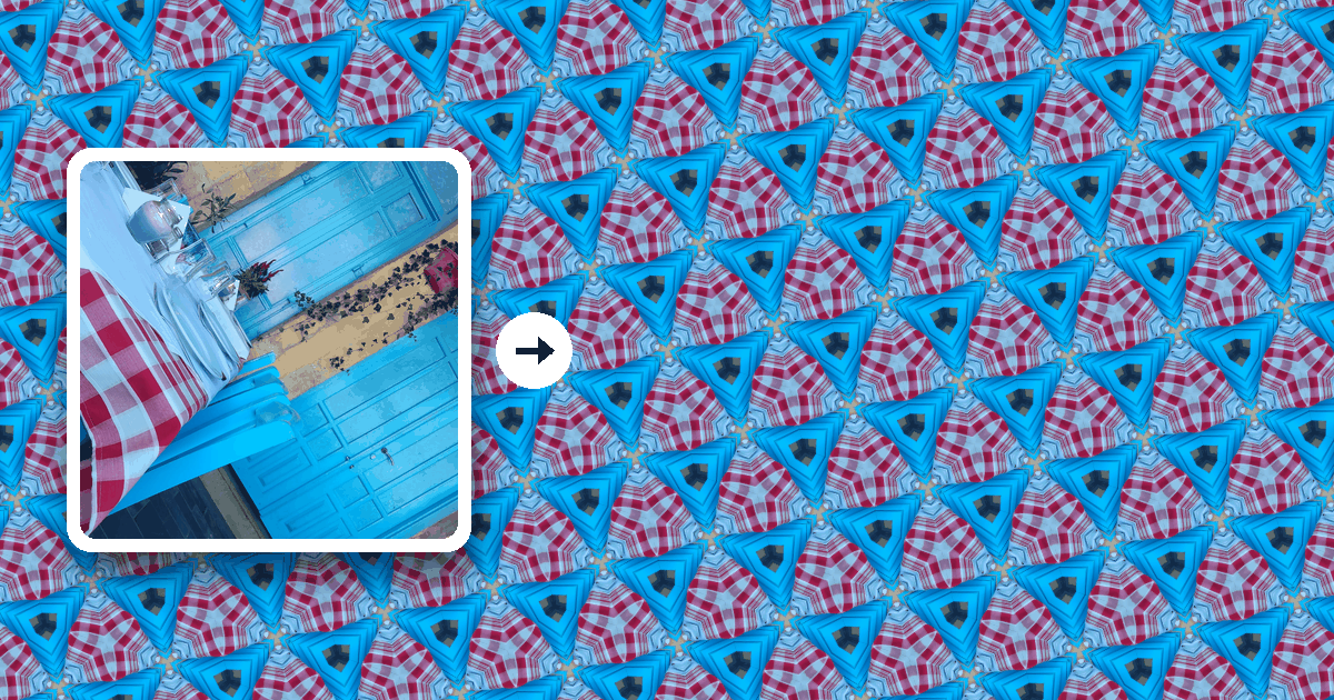 A photo of a blue door and a checked tablecloth, and the kaleidoscope pattern Kaleidosong makes from it