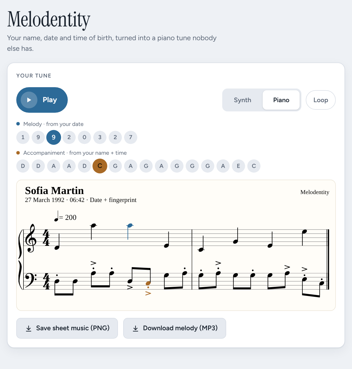 The Melodentity app: a Play button, the notes of the tune and the tune written out as piano sheet music