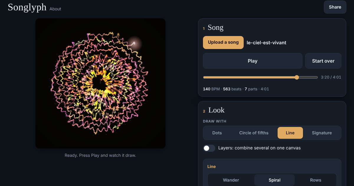 Songlyph drawing the song “Le ciel est vivant” as a glowing spiral, next to its controls